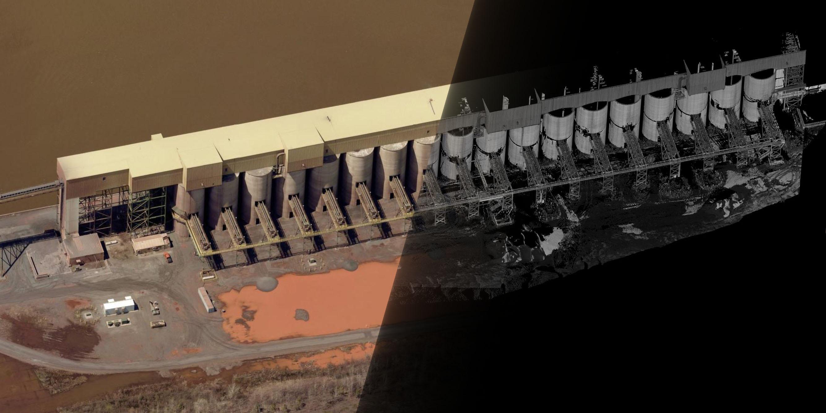 Composite image of color photograph and LiDAR scan of taconite dock bins